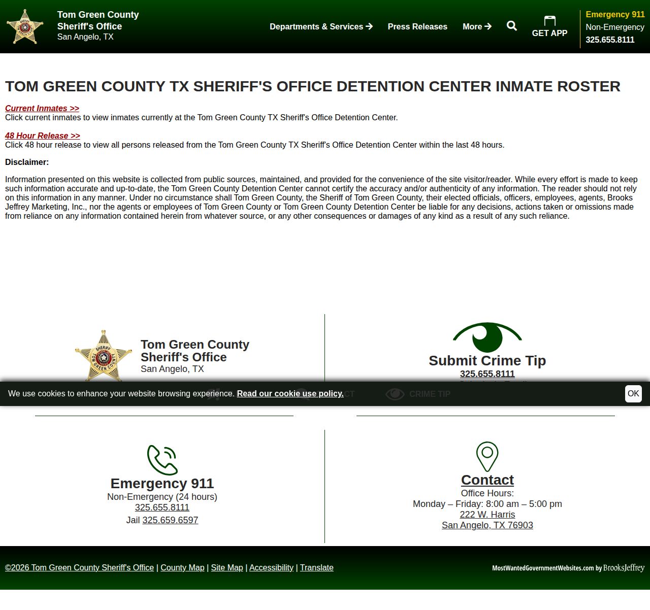 Tom Green regional jail roster landing page for Coke County destination custody searches