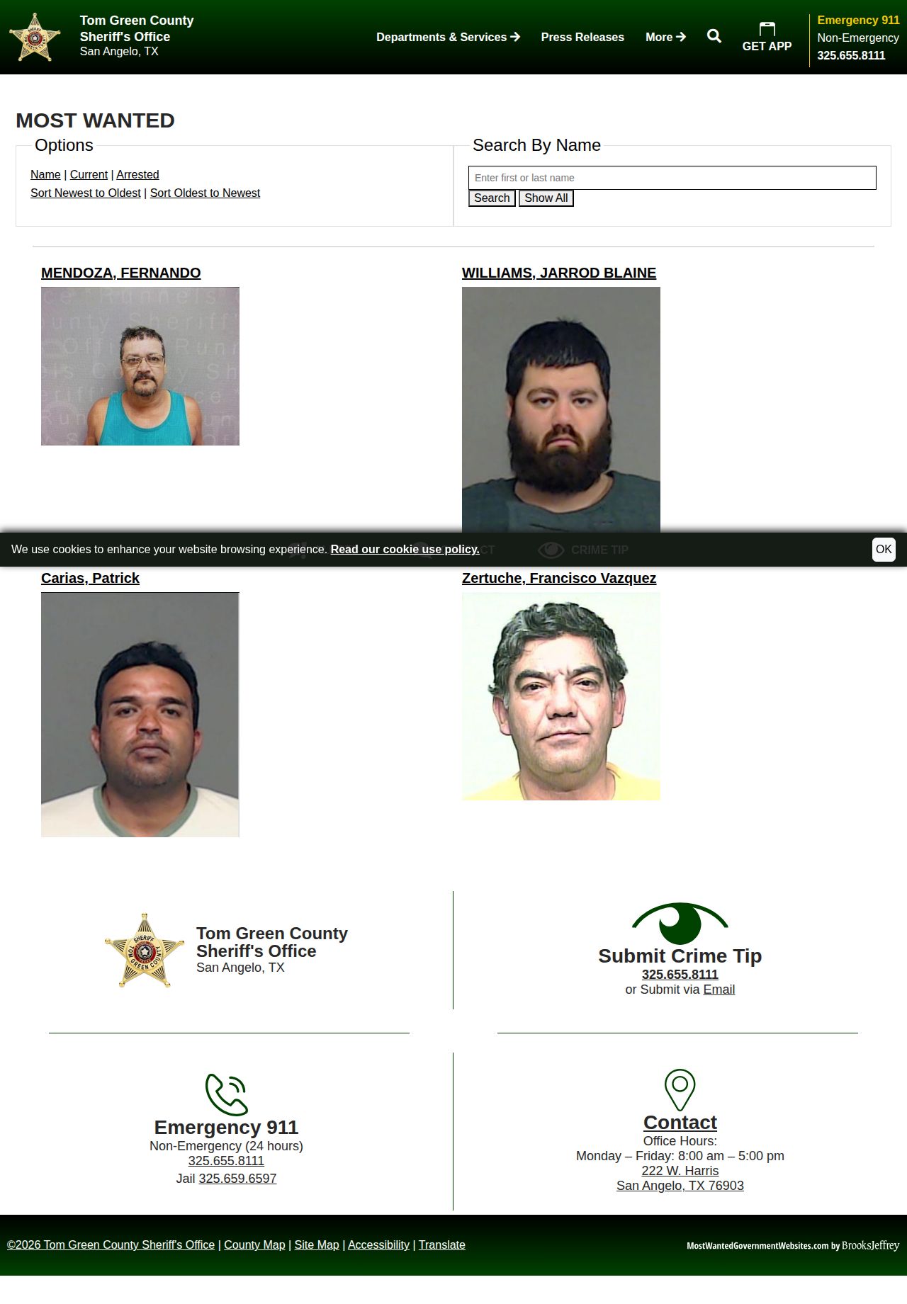Tom Green County Sheriff's Office most-wanted interface