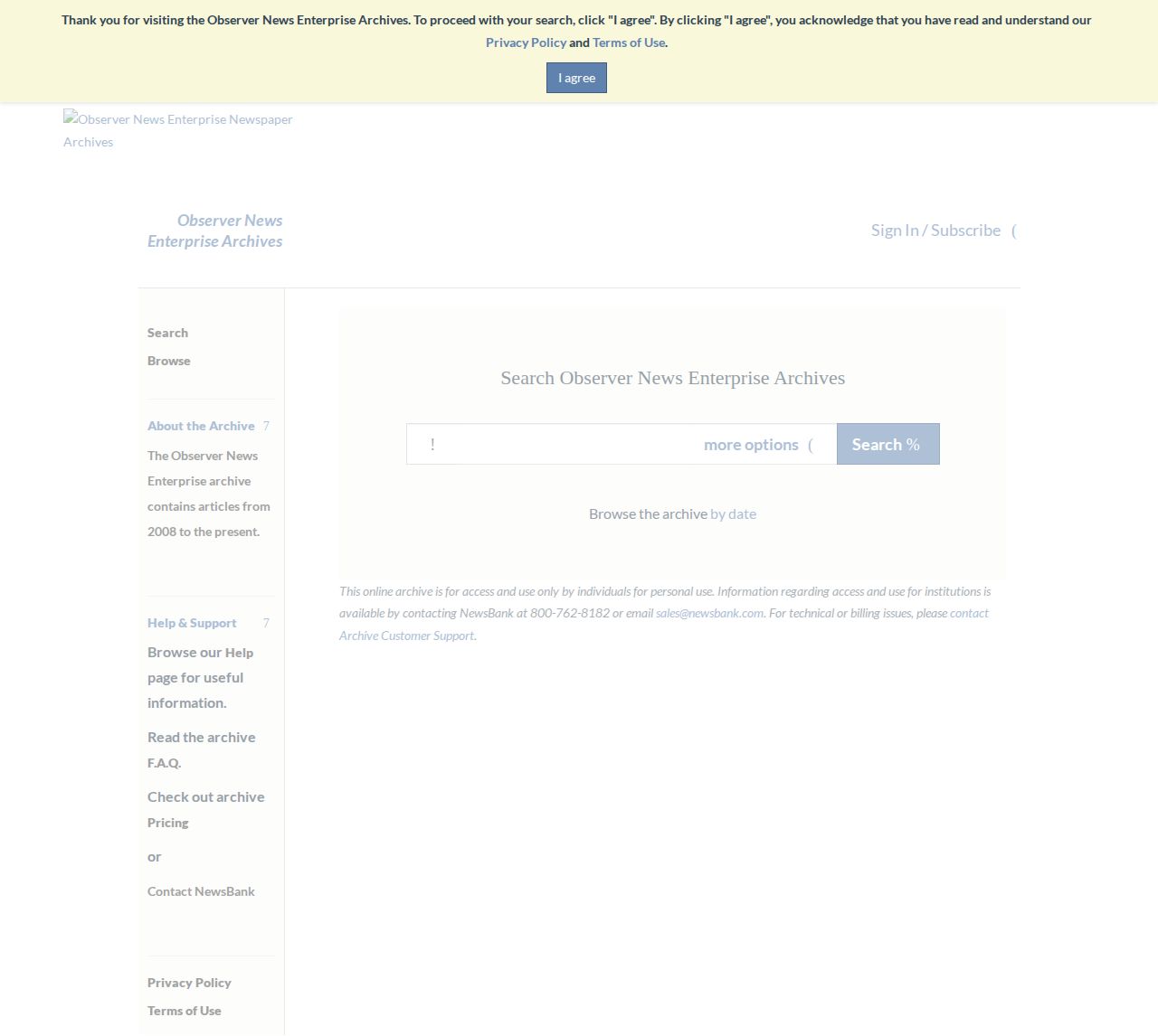 Observer Enterprise NewsBank archive interface for Coke County news research