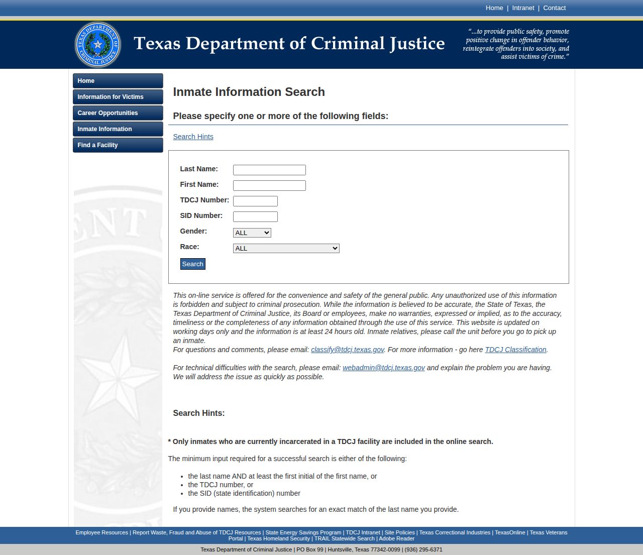 Texas Department of Criminal Justice search used for Coke County state-custody record checks